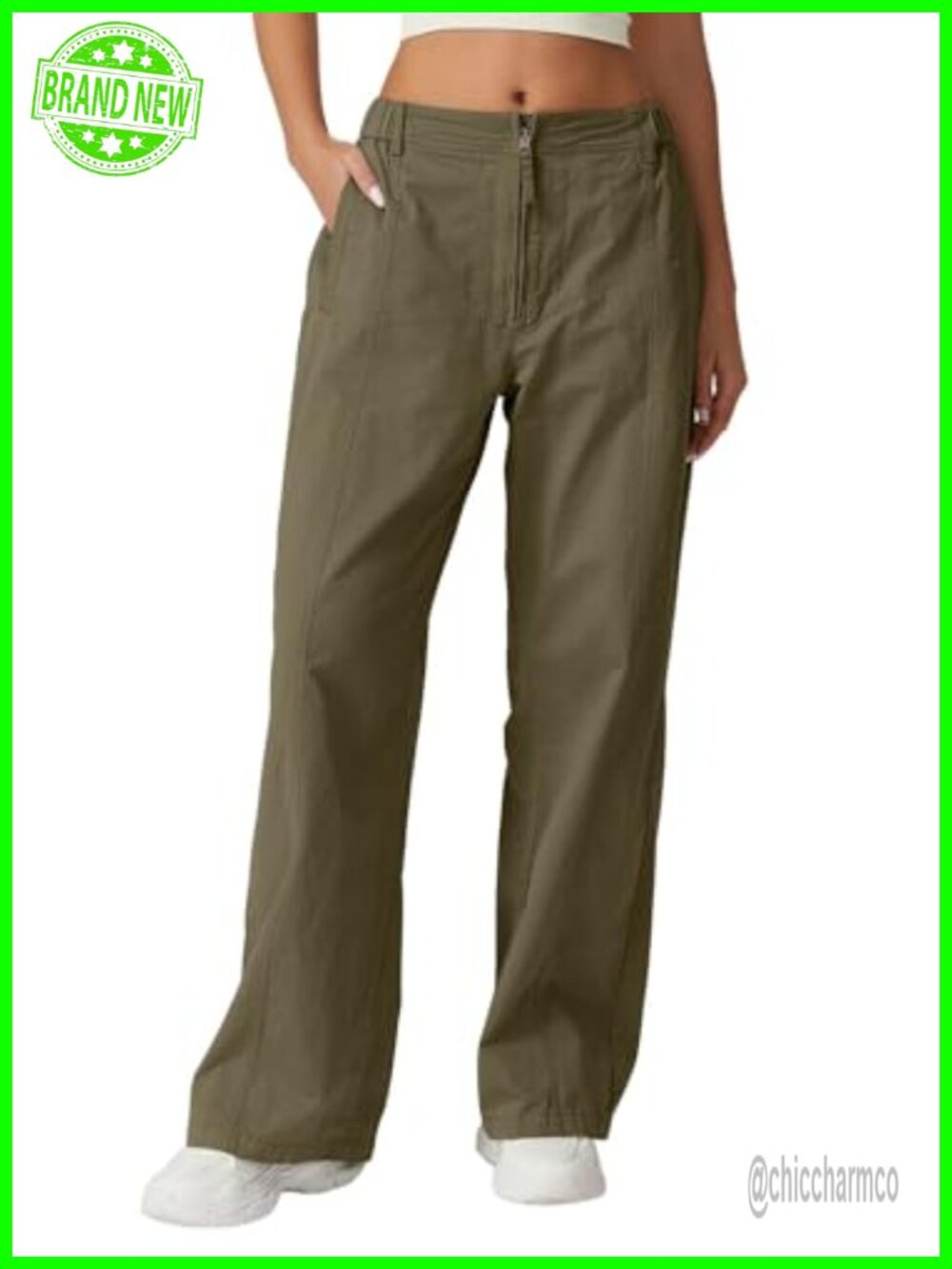 Womens Zip Front Wide Leg Palazzo Pants High Waist Cargo Cotton Pockets